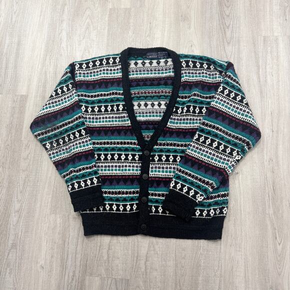 Vintage Van Heusen Cardigan Sweater Men's Large 90s Geometric Acrylic Aztec - Picture 1 of 7